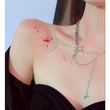 「赤い蝶」赤紅蝴蝶 紋身貼紙 微刺青 輕紋身  可愛 原創 蝴蝶 線條小心機 防水持久 紋身貼 超美 性感 DIY