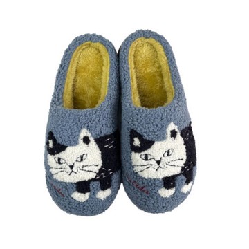 Kusuguru Japan 拖鞋 相良刺繡絨毛保暖止滑鞋底室內拖鞋-藍色