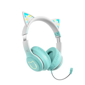 intopic 廣鼎 夢幻炫彩喵耳無線耳機 可愛喵耳造型 藍牙5.3無線連接 可伸縮頭帶設計  BT992  潮流綠