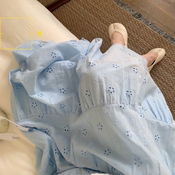 棉質/超仙氣韓貨繡花拼接a字裙 蛋糕蓬蓬裙 中長款半身裙子 夏季設計感 半身裙 韓系裙子 長裙 高腰半身裙 裙裝 a字裙