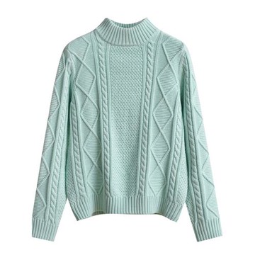 100%純棉麻花毛衣女半高領長袖加厚寬松復古針織秋冬內搭打底衫女