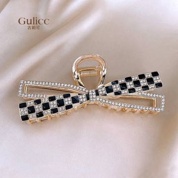 Gulicc 格子 鑲鑽 金屬 髮夾(韓版 髮飾 髮夾 鯊魚夾 蝴蝶結 生日禮物 雙11 聖誕節)