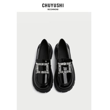 CHUYUSHI 樂福鞋女2025新款方扣水鉆小皮鞋女英倫學院風黑色單鞋