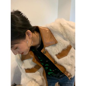 落落狷介顯瘦皮毛一體外套女毛毛外套女拼接皮白色真兔毛皮草外套