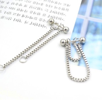 B3392【多用款_盒子雙鏈雙圓球 耳環】鈦鋼 防過敏 韓星同款 時尚潮流 流蘇耳環 個性 垂墜耳環 混搭 #薩摩亞