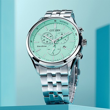 CITIZEN 星辰 Blue Glow Night 藍月 聖誕節推薦 限量 光動能三眼計時夜光手錶-42mm(AT2570-56M)