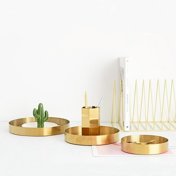 北歐黃銅金色收納托盤擺件置物盤燭臺托盤花盆托盤裝飾首飾收納1入