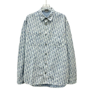 (L) dior藍色棉質logo提花排扣寬鬆襯衫上衣