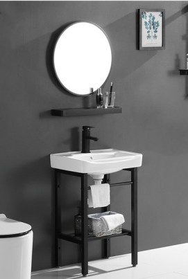 【 麗室衛浴】LISHIH D-102-2A 超值套組 50CM單孔盆+消光黑面盆龍頭、不鏽鋼支架、圓鏡、置物平檯