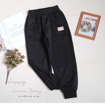 女大童 厚款 粉嫩字母布標口袋厚磅寶寶絨棉褲 秋冬童裝 大童長褲 大童休閒褲 大童棉褲 大童褲子