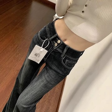 美式復古牛仔褲 微喇牛仔褲女 春季2026新款高腰牛仔褲 長褲女 雙排扣寬鬆喇叭褲 馬蹄長褲子 女生褲子