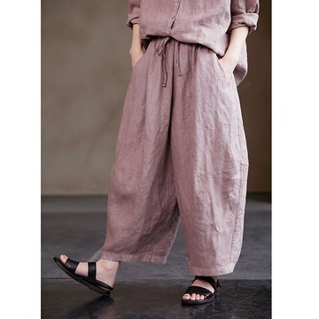 皮粉漢麻成衣染色高級碧紋染寬松蘿卜褲