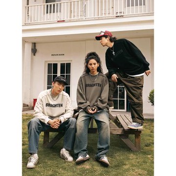 350G重磅印花衛衣秋季美式復古圓領打底上衣高街潮牌寬松長袖男士