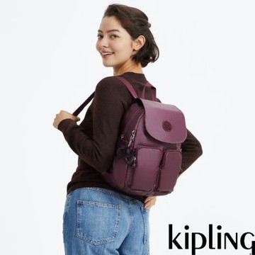 『猴子包』Kipling 紫紅色掀蓋多袋收納後背包-CITY POCKET S