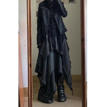 【現貨+預購】亞比朋克流浪風不規則格紋半身裙女2025秋冬韆禧y2k拚接中長裙子