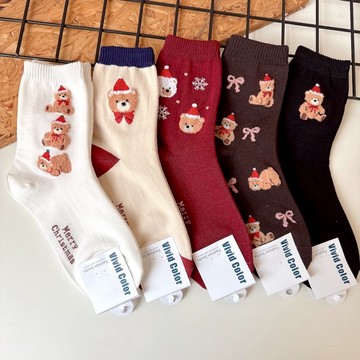 韓版聖誕襪 聖誕襪子 節慶襪子 中筒襪 聖誕熊熊襪 熊熊襪 聖誕植絨襪 交換禮物襪 絨毛襪 台灣出貨 台灣賣家