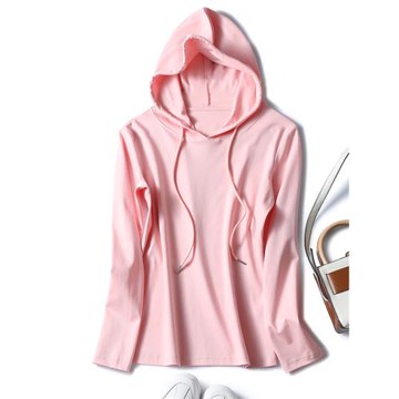 2025春秋新款粉色絲光棉連帽長袖T恤女修身純棉薄款打底衫上衣ins