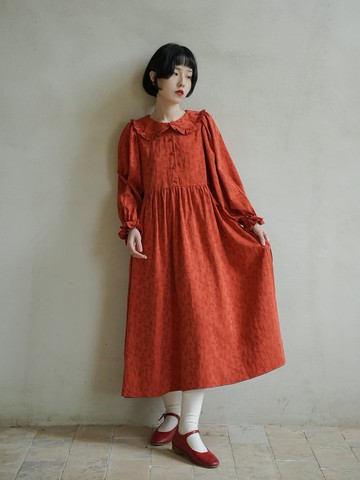 紅色 暗花娃娃領排扣小紅裙 繫帶蝴蝶結洋裝 襯衫連身裙