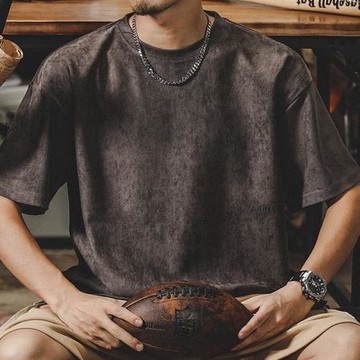 杰雷諾美式復古重磅麂皮絨短袖t恤男夏季寬松軟糯印花半袖體恤衫