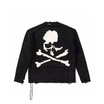 MMJ暗黑日系復古骷髏頭提花飄帶針織圓領毛衣寬松Mastermind情侶