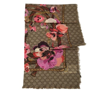 GUCCI GG Logo 花卉圖案羊毛披肩/圍巾(米色/紫紅色)