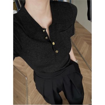 法式Polo衫冰絲短袖針織T恤女夏季高級感設計感正肩修身黑色上衣