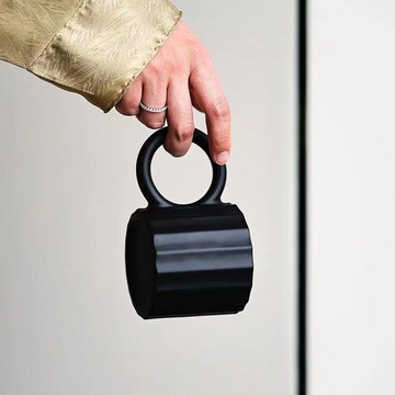 黑摩卡輕奢馬克杯磨砂玻璃啞光黑圓環大耳朵手柄咖啡設計感水杯子