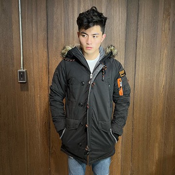 美國百分百【全新真品】Superdry 極度乾燥 厚外套 連帽 防風 長版 絨毛帽簷可拆 軍裝風 口袋 深藍 AQ43