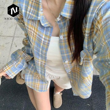 【Nico】臺灣熱銷🔥美式復古格子polo領格子襯衫女春秋季新款設計感寬鬆百搭長袖外套