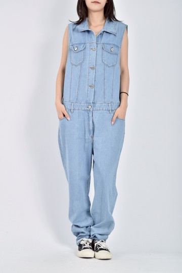 (F) 高腰丹寧牛仔質感無袖長褲寬鬆藍色連身裝