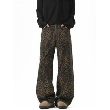 悟空有貨潮牌美式復古豹紋小眾牛仔褲男街頭寬松百搭闊腿拖地長褲