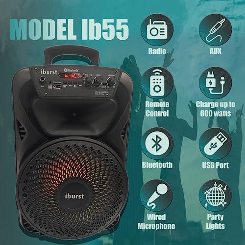 Iburst Portable Bluetooth PA Speaker System 600W Rechargeable Outdoor Subwoofer, Microphone in, Party Lights, USB, Radio, Microphone   Remote Stereo L