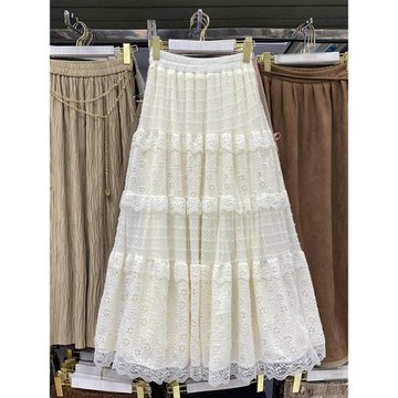 2026年春季新款法式花邊拼接蕾絲鏤空蛋糕裙A字高腰純色半身裙女