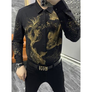 歐貨時尚男士秋季新款長袖襯衫個性燙金修身顯瘦帥氣舒適彈力襯衣