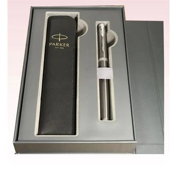 PARKER 派克 IM金屬灰白夾鋼珠筆 真皮筆套禮盒