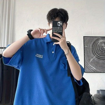 克萊因藍POLO衫男士寬鬆華夫格短袖T恤襯衫領韓版港風大碼