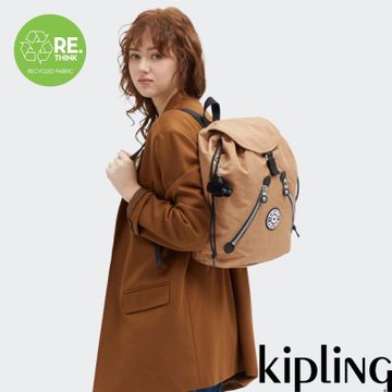 Kipling 淺棕色雙拉鍊實用後背包-NEW FUNDAMENTAL L