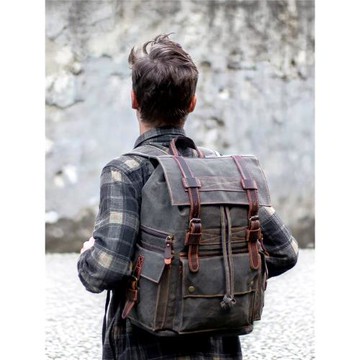 復古質感油蠟帆布雙肩包潮流背包大容量工裝男士徒步登山包電腦包