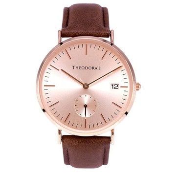 【THEODORA'S】Zeus中性單眼日顯真皮手錶 單眼粉膚-真皮深棕【希奧朵拉】