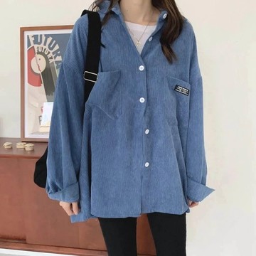 M-5XL 大尺碼 燈芯絨襯衫女 大尺碼長袖開衫韓版襯衫 秋冬新款港風復古風加厚保暖寬鬆休閒時尚中長款襯衣女