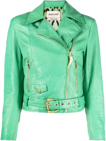 Roberto Cavalli - crinkled-effect leather jacket - women - Sheepskin - 46 - Green