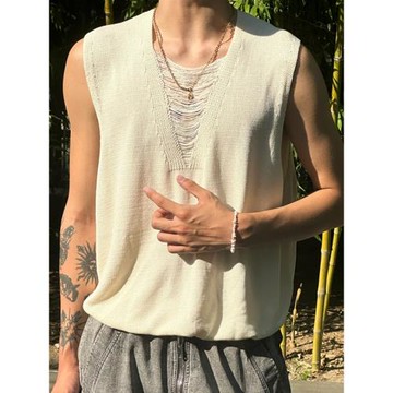 小香風鏤空毛邊拉絲針織馬甲男v型大領無袖t恤松弛感低領線衣背心