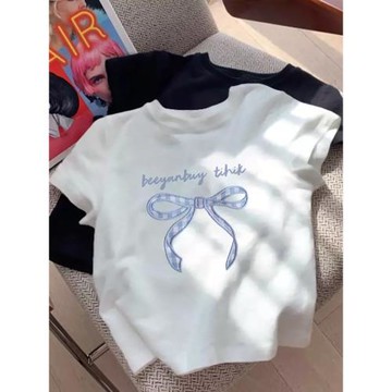 蝴蝶結純棉短袖T恤女小眾設計感2024新款半袖體恤夏季正肩上衣ins