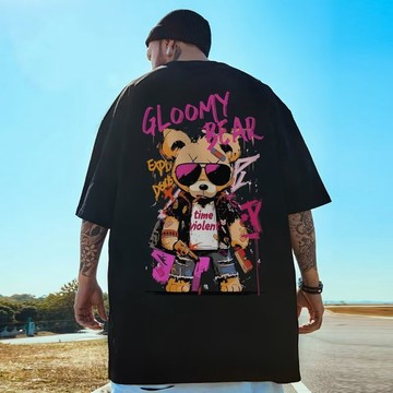 M-8XL 夏季薄款美式韓系寬松大碼印花短袖T恤男 大碼上衣男 五分袖 青少年潮牌短袖 圓領短袖 T恤男 情侶印花短袖T