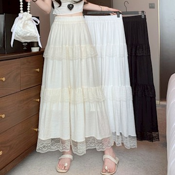 La Belleza法式素色鬆緊腰蕾絲滾邊棉麻層次浪漫蛋糕裙大擺裙