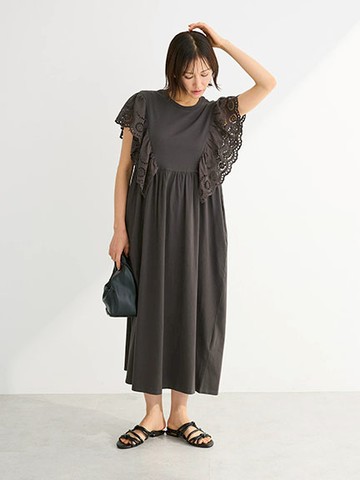 刺繡蕾絲拼接抓褶連身洋裝(6P43L1H0230) - Green Parks