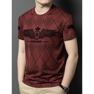 (免運)皮爾卡丹短袖冰絲T恤男士夏季新款印花彈力上衣百搭半袖圓領體恤