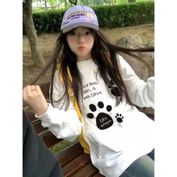 創意貓爪印花長袖T恤女日韓小衆設計感情侶寬鬆顯瘦圓領上衣ins風 長袖上衣 女生 t恤 休閒上衣 顯瘦上衣 大學T 女裝