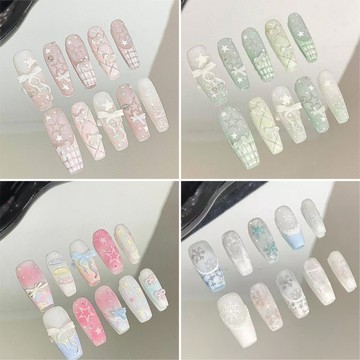 2026新款夏日蝴蝶結半手工穿戴甲 手繪小清新美甲貼片 法式貓眼假指甲 ins風高級顯白氛圍指甲貼片 中長款穿帶式甲片