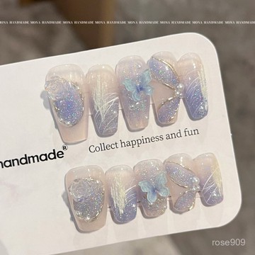 ✨Hannah✨純手工穿戴甲中長甲霧霾藍冰蝴蝶氣質顯白款式美甲純手工穿戴甲 9PKN